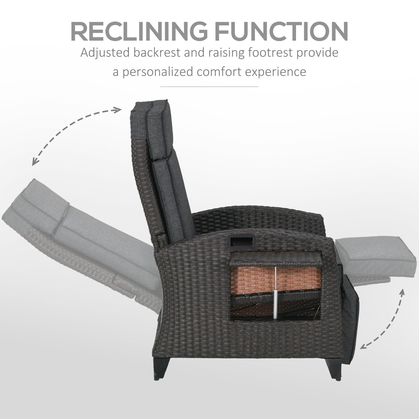 Outsunny Outdoor Recliner Chair with Adjustable Backrest and Footrest, Cushion, Side Tray, Dark Grey/Brown