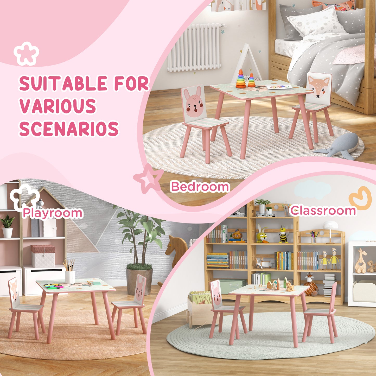 ZONEKIZ Kids and Table Chairs, Children Desk with Two Chairs, Toddler Furniture Set, for Ages 3-6 Years - Pink--ChewyGames-ChewyGames