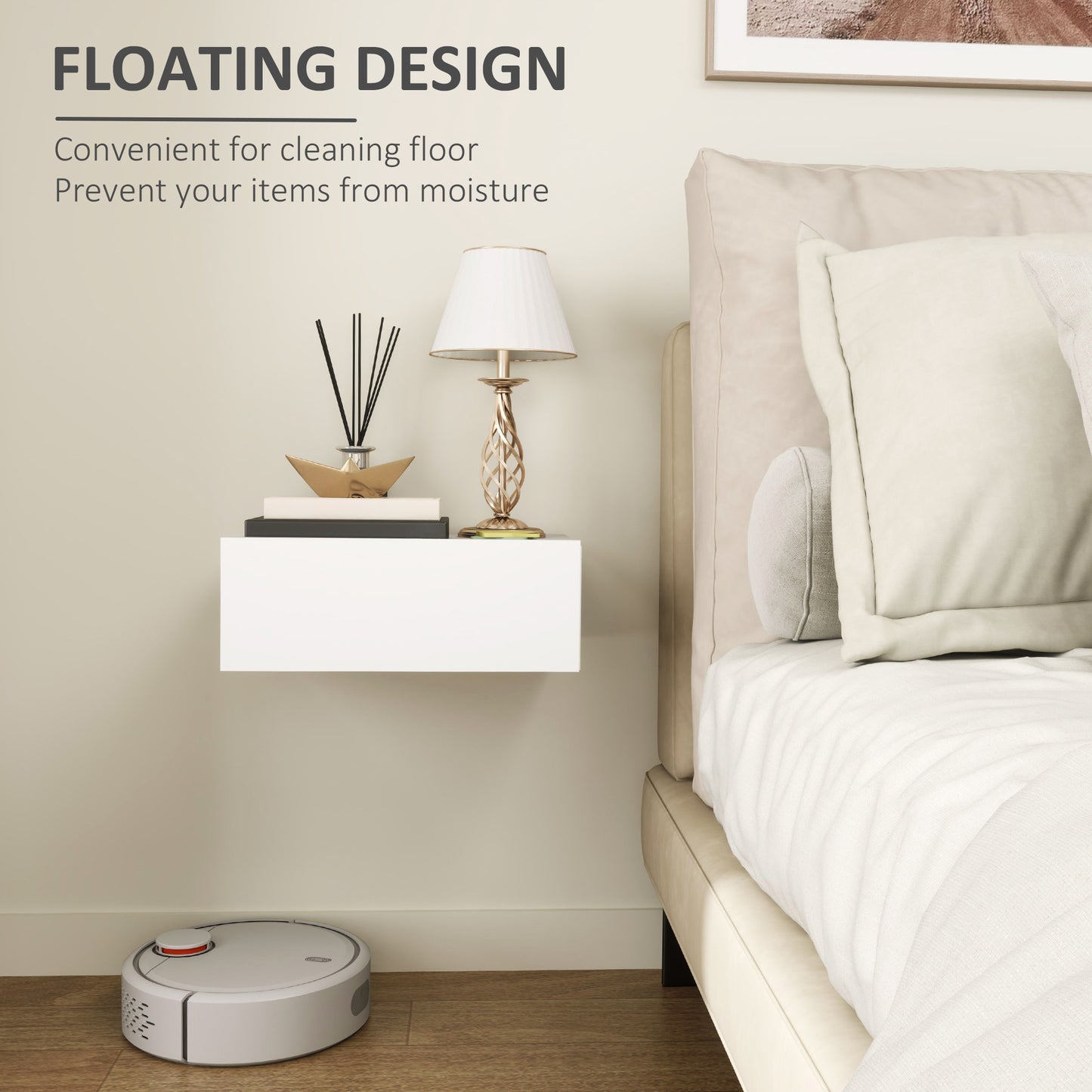 HOMCOM Floating Bedside Table, Wall-Mounted Nightstand with Storage Drawer, Small Side End Table for Bedroom, White