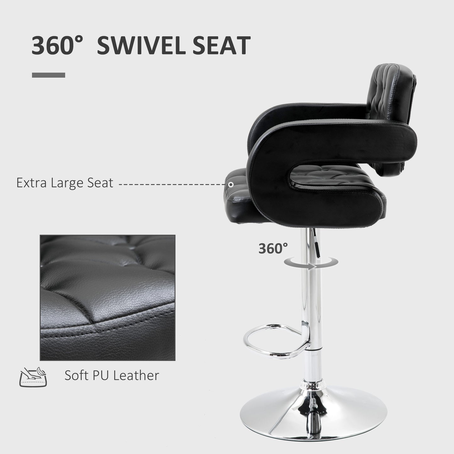 Set of 2 PU Leather Upholstered Swivel Bar Stool, Height Adjustable Barstool with Back, Armrest, Footrest for Kitchen