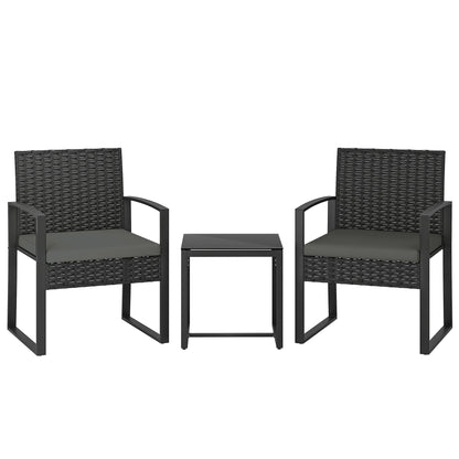 Outsunny Rattan Bistro Set, 3 Piece Garden Furniture Set with Glass Top Table and Cushions, Dark Grey