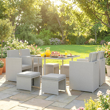 Outsunny 9 Piece Rattan Cube Garden Furniture Dining Set with Armchairs, Footstools and Glass-Top Table, Light Grey