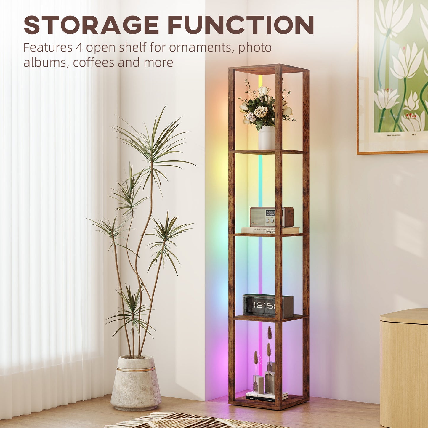 HOMCOM RGB LED Floor Lamp with Shelves, Modern Dimmable Standing Lamp with Remote Control, Adjustable Brightness & Speed for Living Room, Bedroom, Office, Rustic Brown