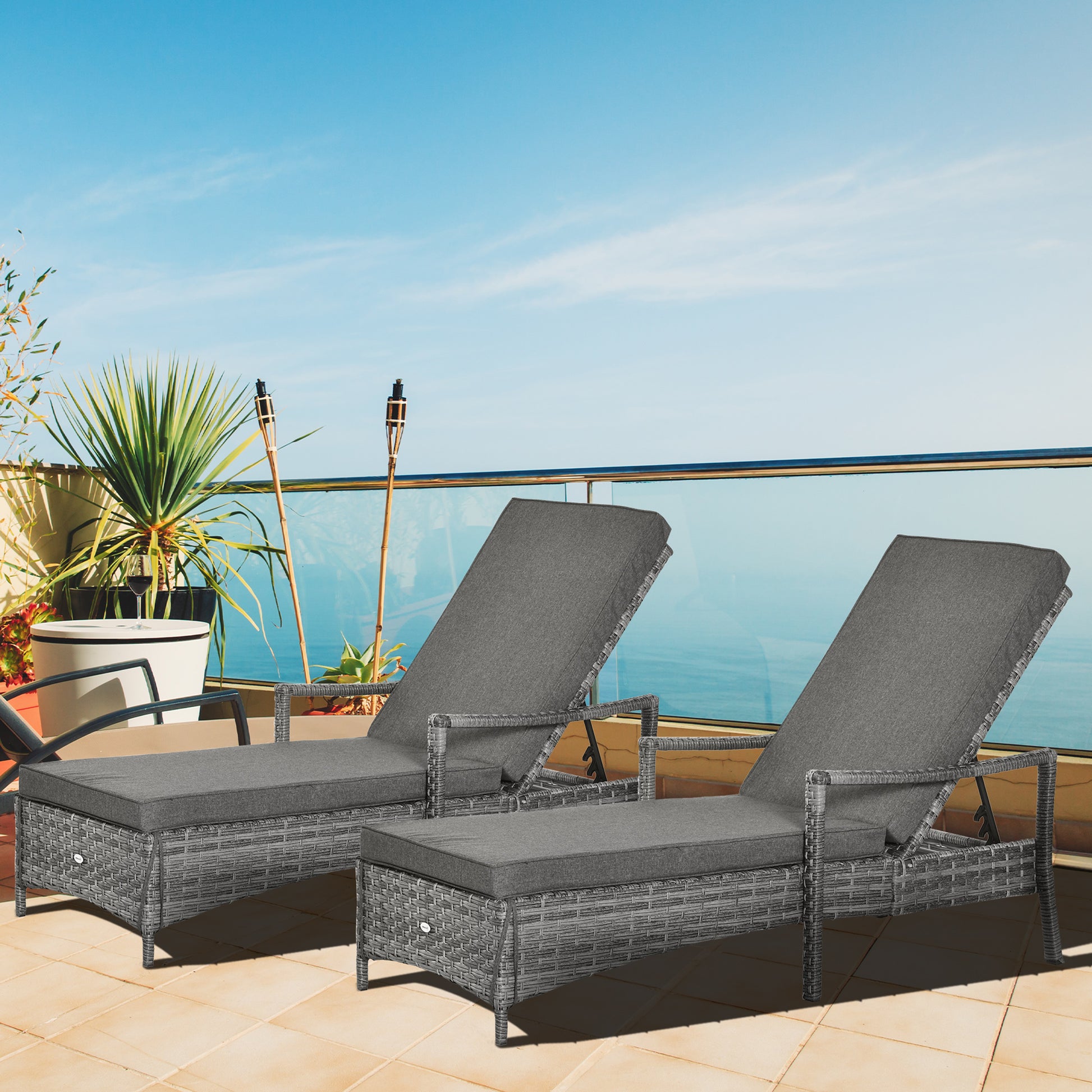 Outsunny PE Rattan Sun Loungers set of 2 with Cushion, Outdoor 2 Pieces Garden Sunbed Furniture with 4-Level Recliner Backrest, and Armrest, Grey--ChewyGames-ChewyGames