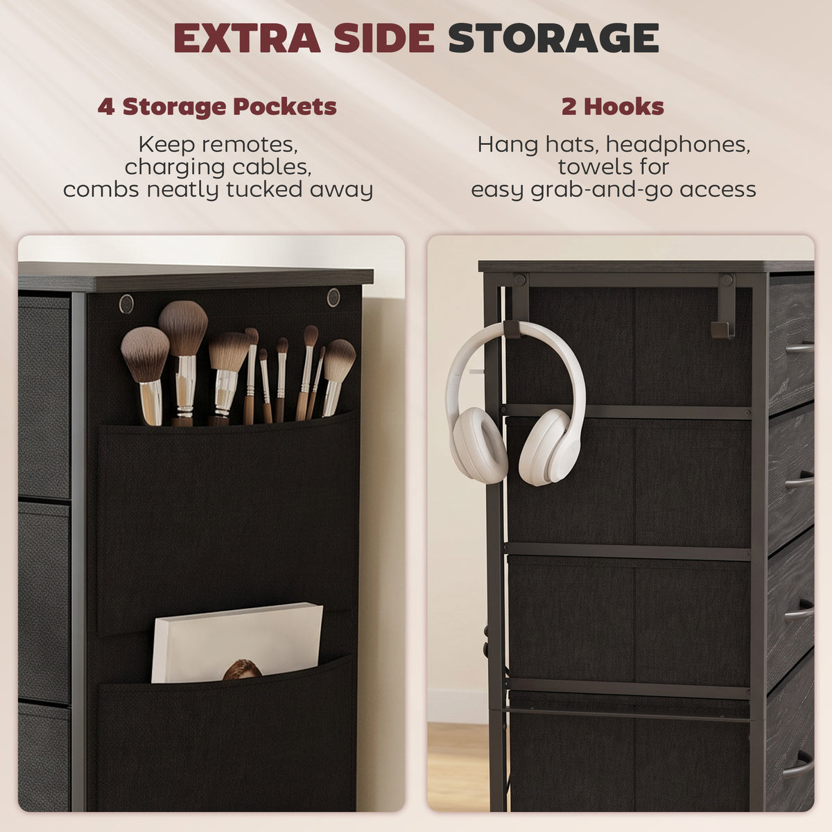 HOMCOM Chest of Drawers, Dresser with 5 Fabric Drawers, Tall Storage Unit with 4 Pockets and 2 Hooks, Steel Frame, Black