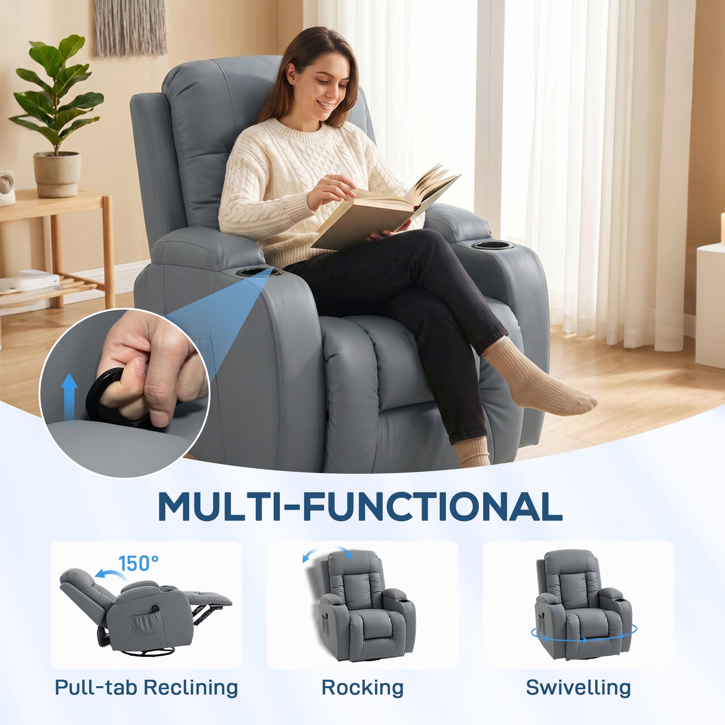 HOMCOM Massage Recliner Armchair, PU Leather Recliner Chair, Grey