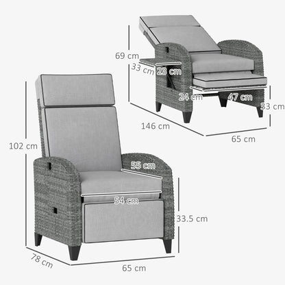 Outsunny Outdoor Recliner Chair with Adjustable Backrest and Footrest, Cushion, Side Tray, Light Grey/Grey