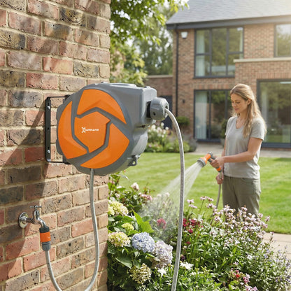 DURHAND 10m Garden Hose Reel Wall Mounted Auto Rewind with 7 Patterns Spray Nozzle, Includes Wall Fixings, Orange