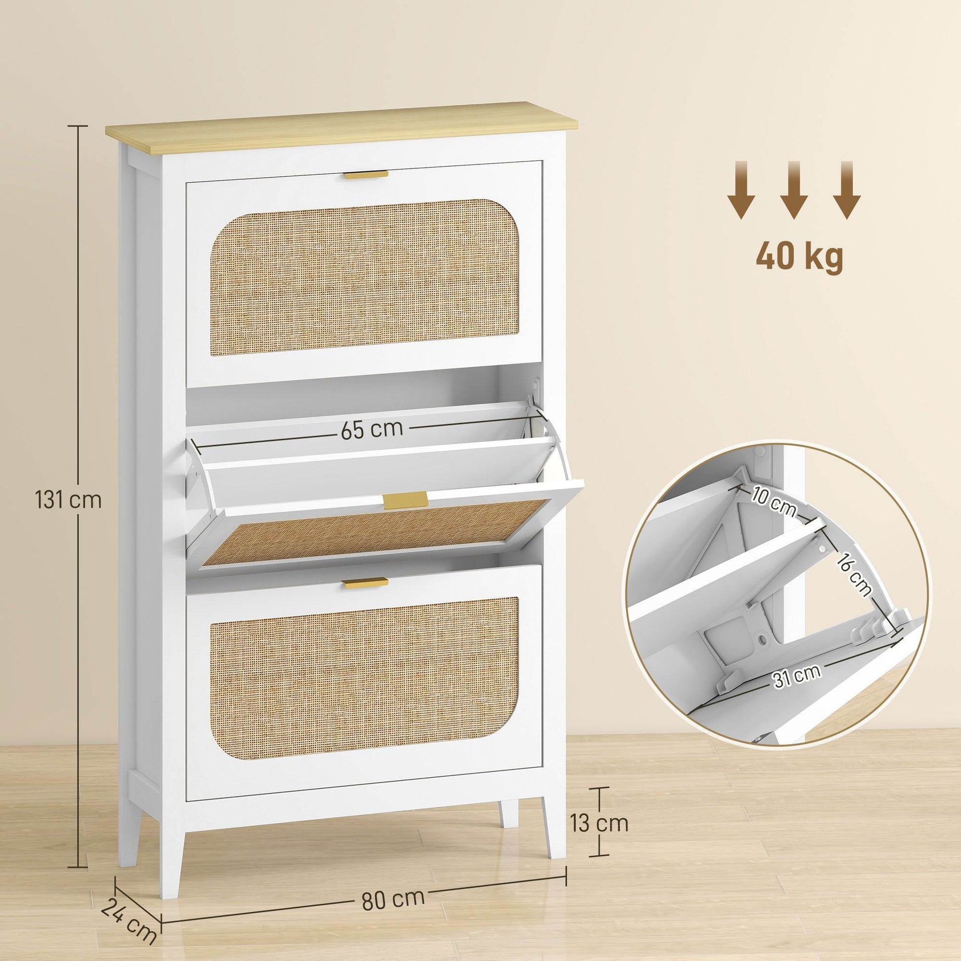 HOMCOM Narrow Shoe Cabinet, Boho Slim Shoe Storage Cabinet with 3 Flip Drawers, Holds 21 Pairs, White