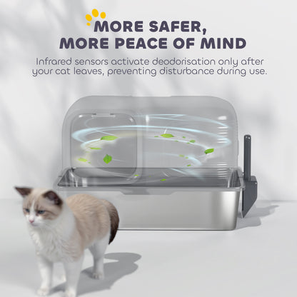 PawHut 65L Extra Large Stainless Steel Litter Tray with Plasma Deodoriser System, High Sided, Easy to Clean & Odour-Resistant