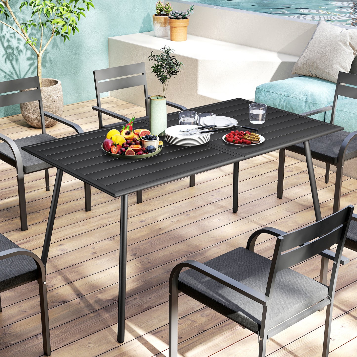 Outsunny Rectangle Garden Table with Slat Top, Steel Frame, Outdoor Table for 6 Person, 150 x 80 x 74 cm, Black--ChewyGames-ChewyGames