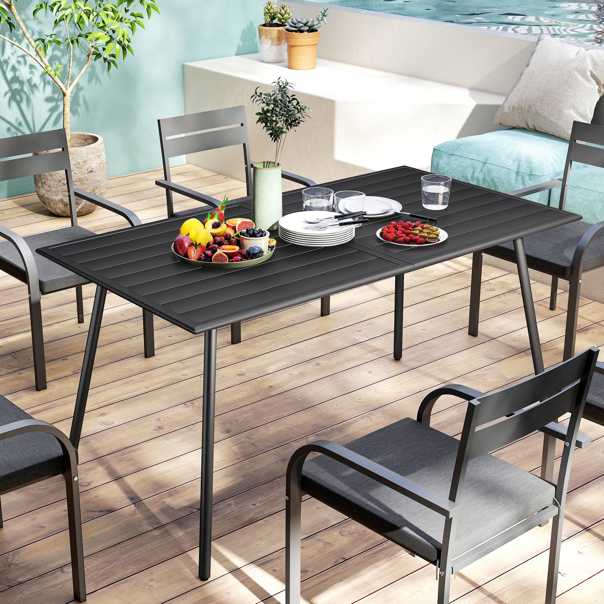 Outsunny Rectangle Garden Table with Slat Top, Steel Frame, Outdoor Table for 6 Person, 150 x 80 x 74 cm, Black--ChewyGames-ChewyGames