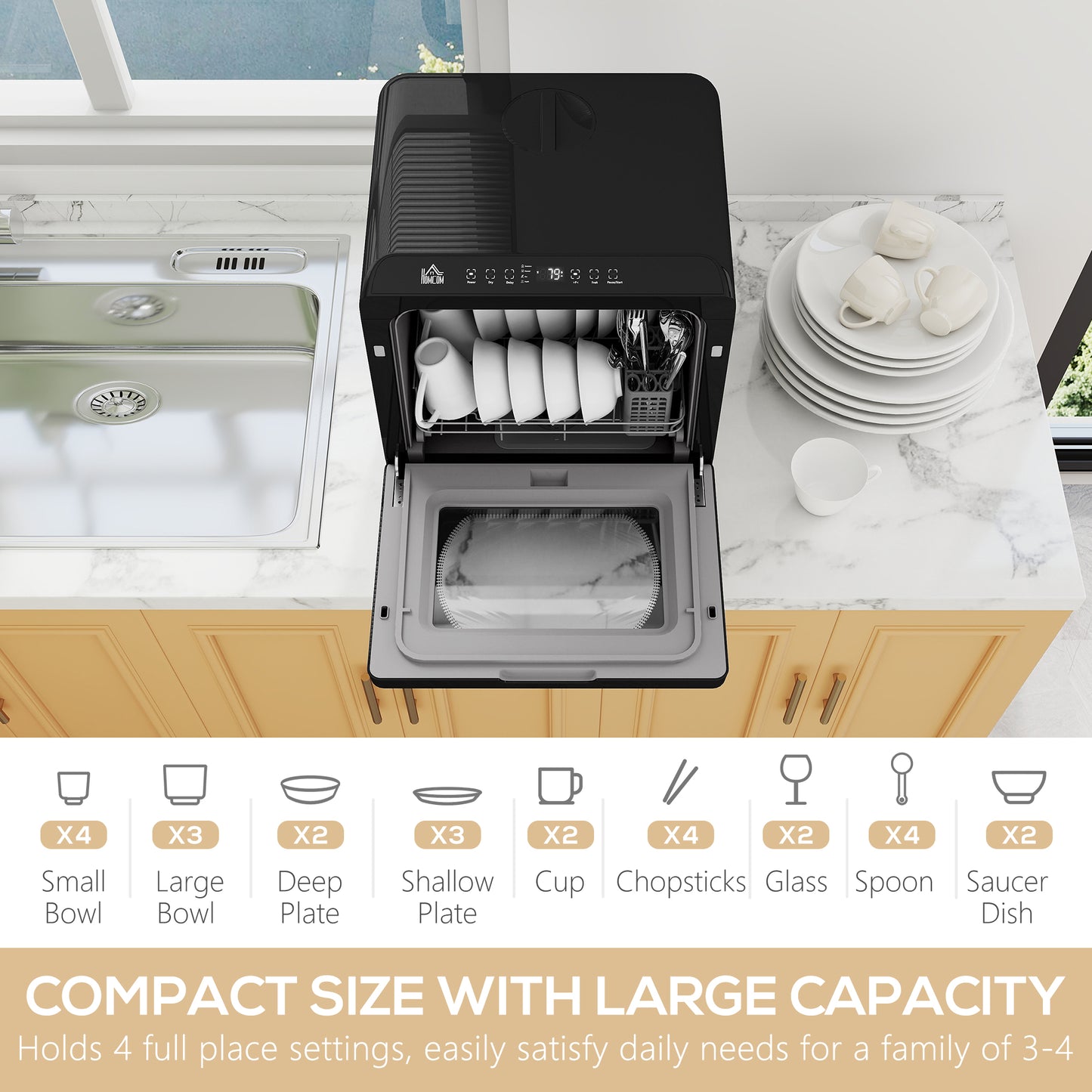 HOMCOM Table Top Dishwasher with Built-in 6L Water Tank, Mini Countertop Dishwasher with 6 Programs, 4 Place Settings, Black