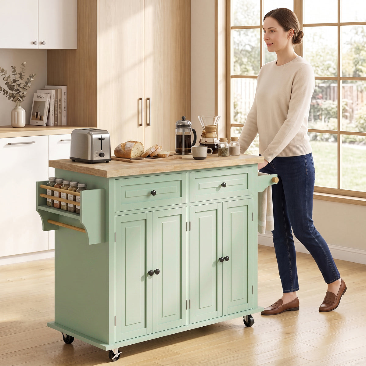 HOMCOM Rolling Kitchen Island Storage Trolley with Rubber Wood Top & Drawers for Dining Room, Light Green