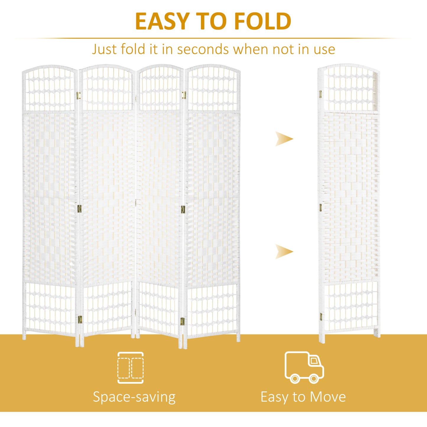 HOMCOM 4 Panel Folding Room Divider, Privacy Screen, Paravent Partition Separator for Living Room, Bedroom, White