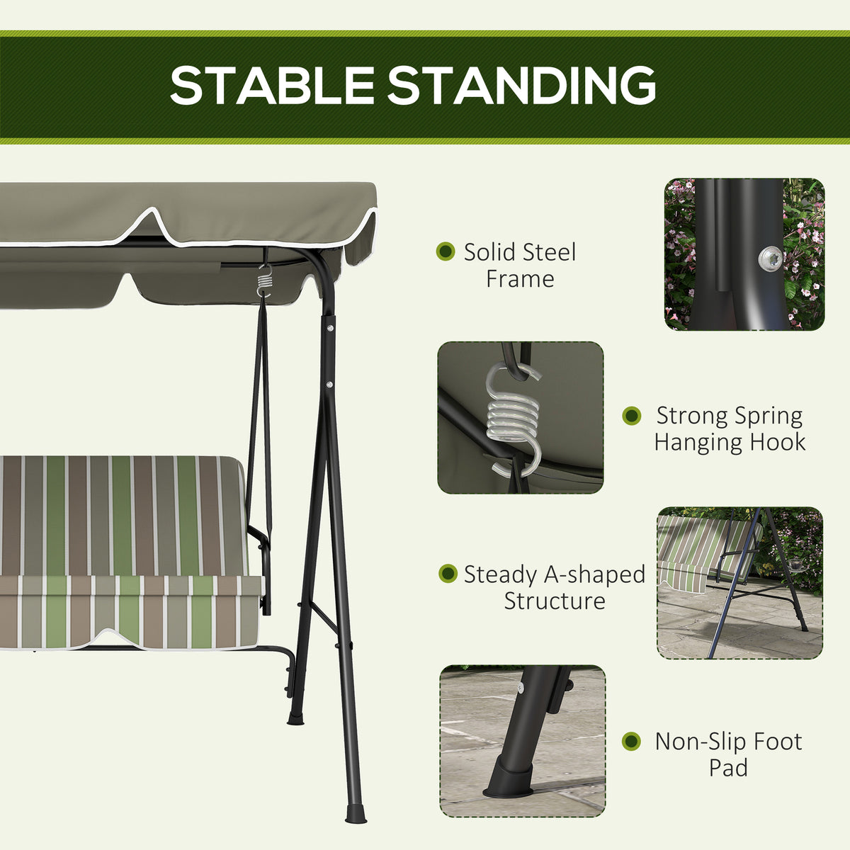 Outsunny Three-Seater Garden Swing Chair, with Adjustable Canopy - Green
