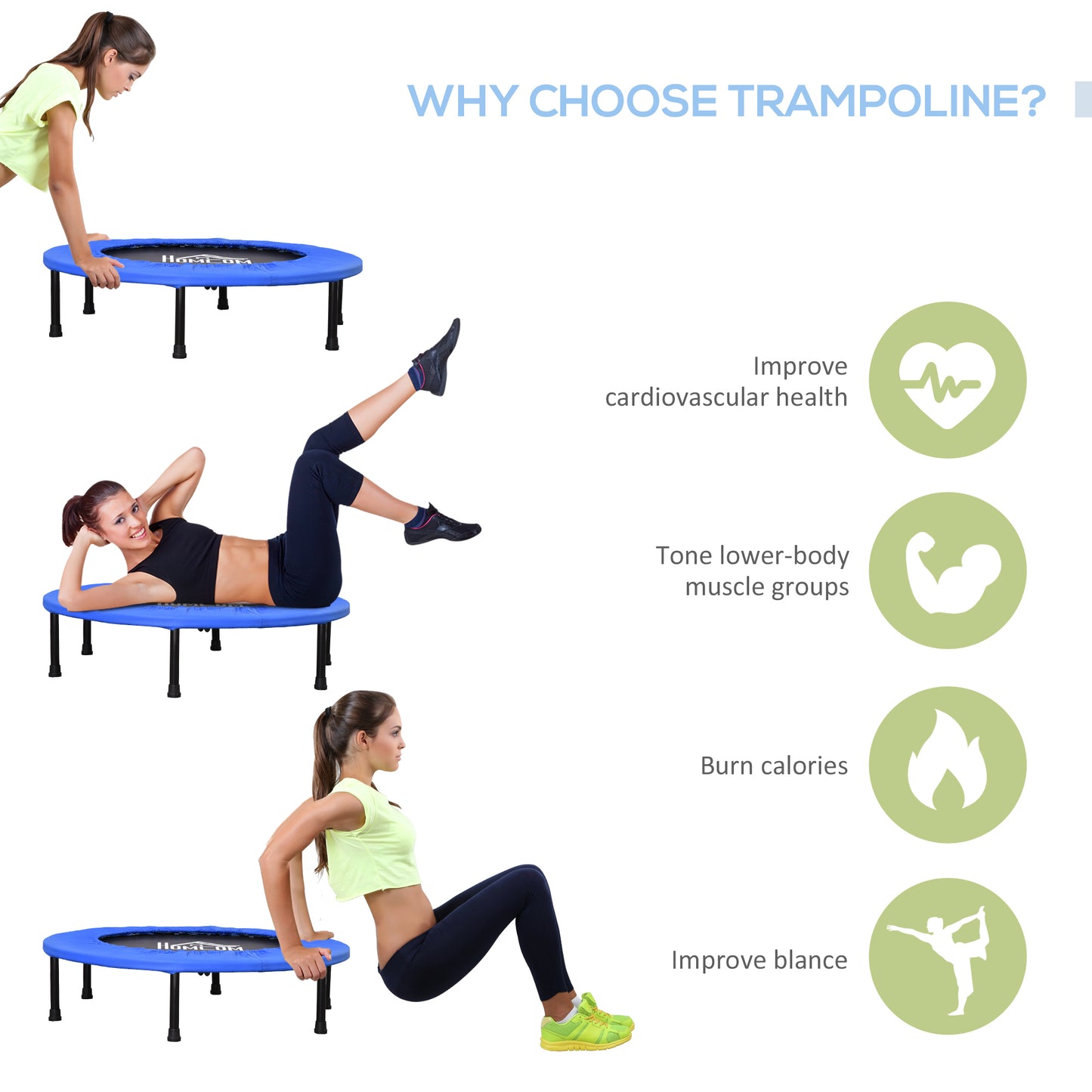 HOMCOM 36" Mini Fitness Trampoline Home Gym Yoga Exercise Rebounder Indoor Outdoor Jumper with Safety Pad, Support Up to 100 KG, Blue and Black