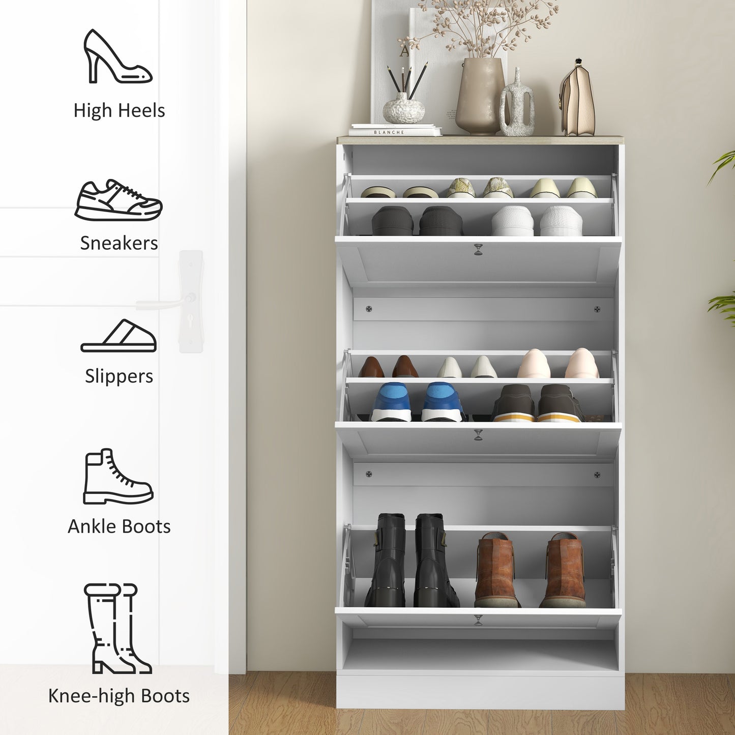 HOMCOM Modern Compact Three-Drawer Shoe Storage Cabinet - White