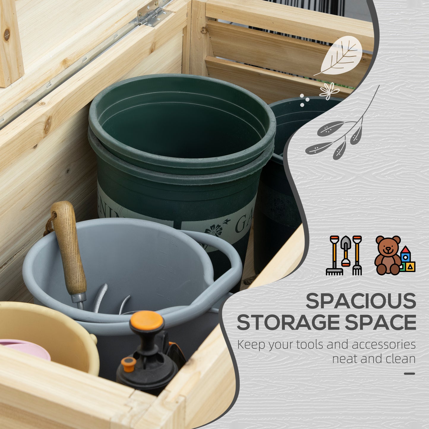 Outsunny 155L Outdoor Storage Box with Metal Top and Shutter Walls, Wooden Outside Tool organiser Container, for Garden, terrace--ChewyGames-ChewyGames