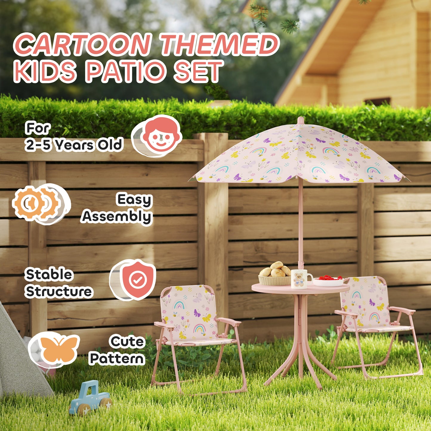 AIYAPLAY 4-Piece Kids Garden Table and Chair Set with Adjustable Parasol, Folding Chairs, Table, Rainbow Pattern, Pink