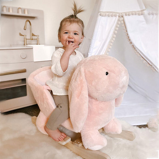 HOMCOM Baby Rocking Horse, Plush Baby Rocker Rabbit Ride-On Toy with Sound, Wood Base, Seatbelt, for Ages 18-36 Months, Pink