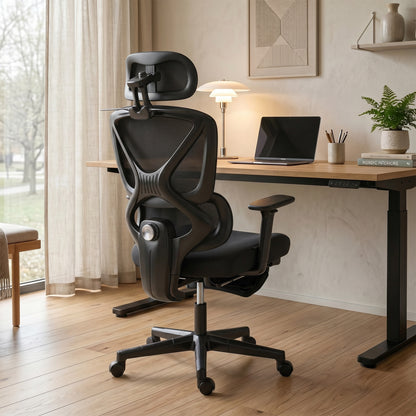 HOMCOM Mesh Desk Chair with 3D Armrests, Ergonomic Office Chair with Rotatable Headrest, Black
