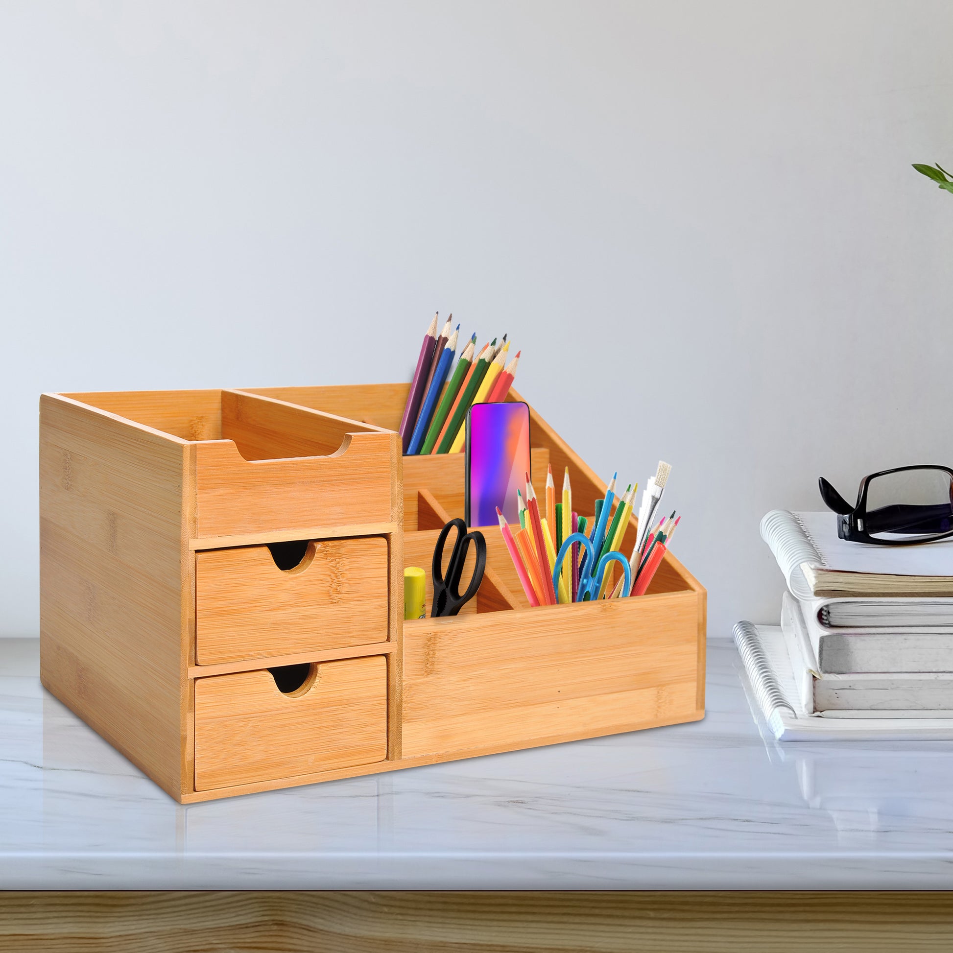 HOMCOM Desk Organiser Holder, Bamboo Multi-Function Storage Caddy with 7 Storage Compartments and 2 Drawers for Home Office Stationary Supplies, Natural Bamboo--ChewyGames-ChewyGames