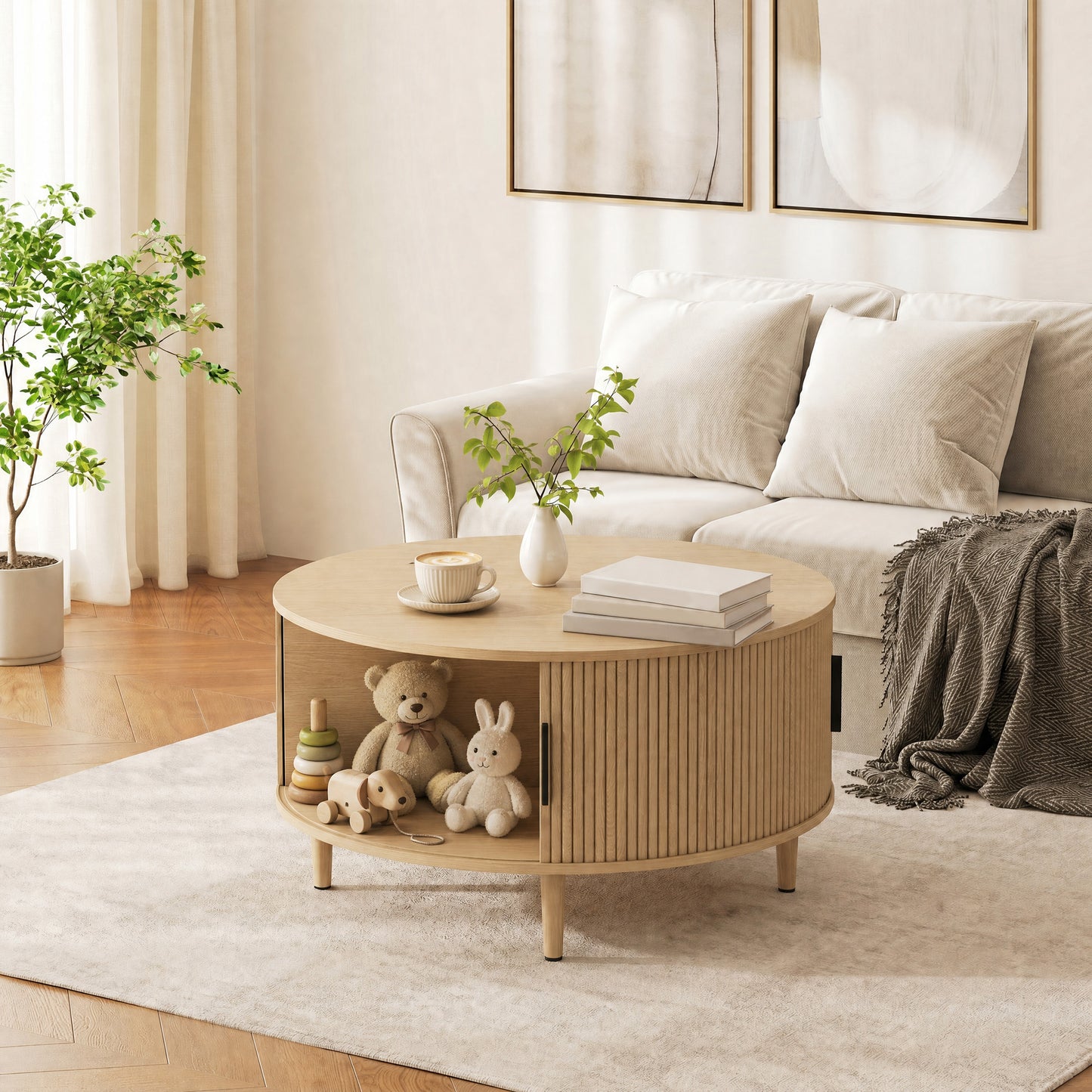 HOMCOM Coffee Table with Lift Top and Hidden Storage, Round Centre Table with Fluted Sliding Door, 80 cm, Natural Wood