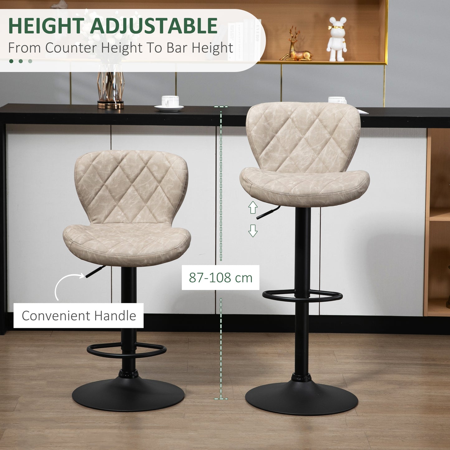 HOMCOM Bar Stools, Set of 2 Breakfast Bar Chairs, Swivel Barstools with Backrest and Footrest, Steel Frame Diamond Pattern PU, for Kitchen Counter, Dining Room, Light Khaki--ChewyGames-ChewyGames