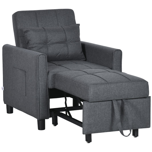 HOMCOM 3-In-1 Linen-Look Single Chair Bed with Adjustable Back & Eucalyptus Wood Sofa Frame - Grey