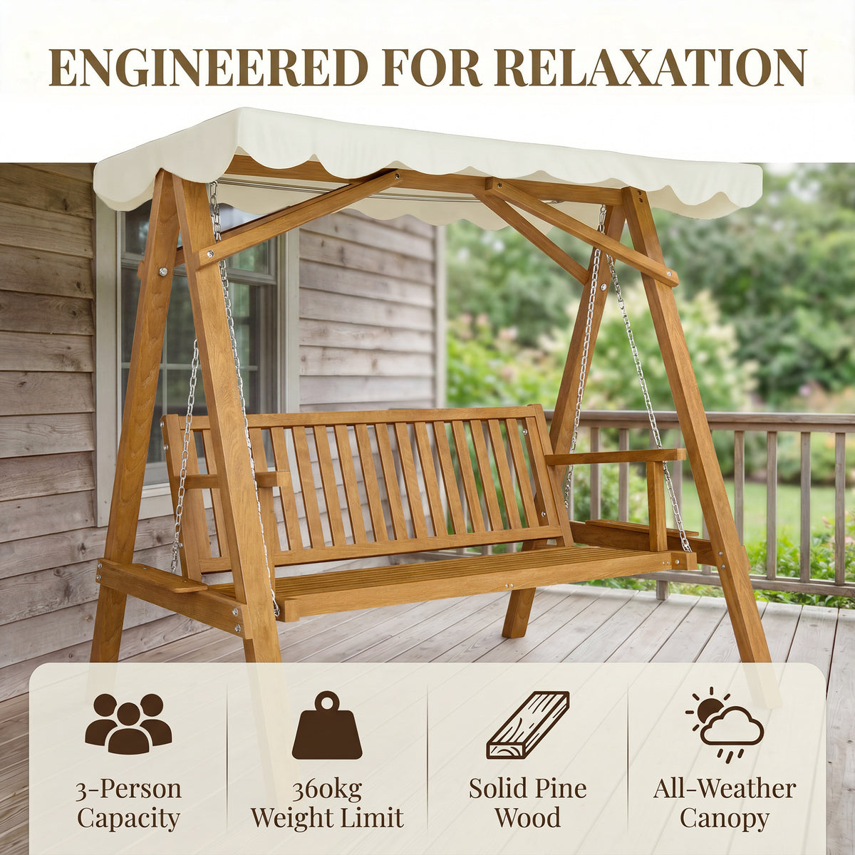 Outsunny 3 Seater Garden Swing Seat with Canopy, Wooden Swing Chair, Outdoor Hammock Bench for Balcony Patio Porch, Cream White