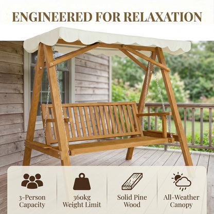 Outsunny 3 Seater Garden Swing Seat with Canopy, Wooden Swing Chair, Outdoor Hammock Bench for Balcony Patio Porch, Cream White