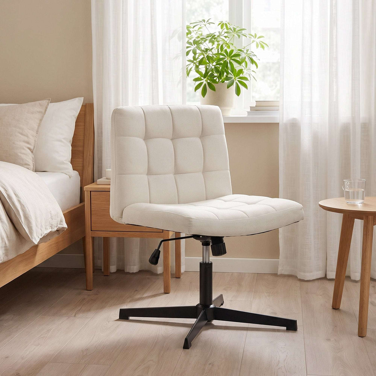 HOMCOM Armless Office Chair, Cross Legged Linen Computer Desk Vanity Chair with Wide Seat, Rocking Function, Beige