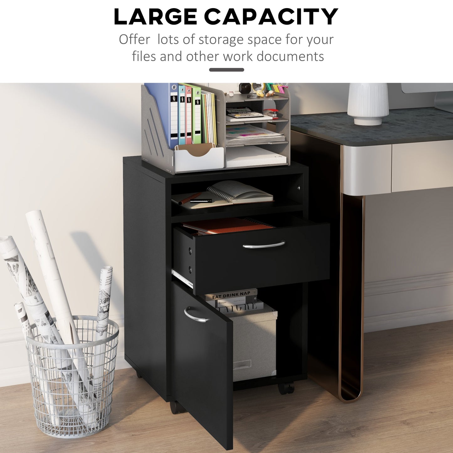 HOMCOM Filing Cabinet, Mobile File Cabinet with 2 Drawers, Office Home Organiser on Wheels for A4, Letter-Size File Folders, Mobile Printer with Open Shelf, Black