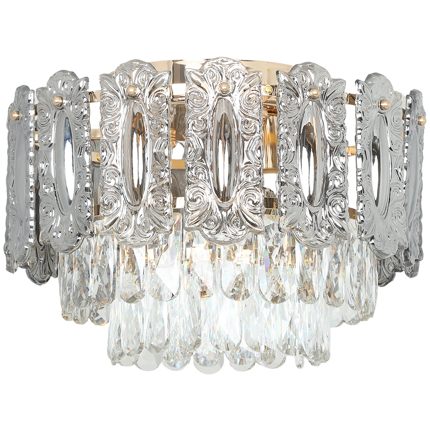 HOMCOM Chandelier Ceiling Light, 3-Light Flush Mount Fixture with Dual Crystal and Smoke Glass Shade, 40 cm LED Ceiling Light for Living Room Bedroom, 3 E14 Sockets, Bulbs Not Included, Gold Tone
