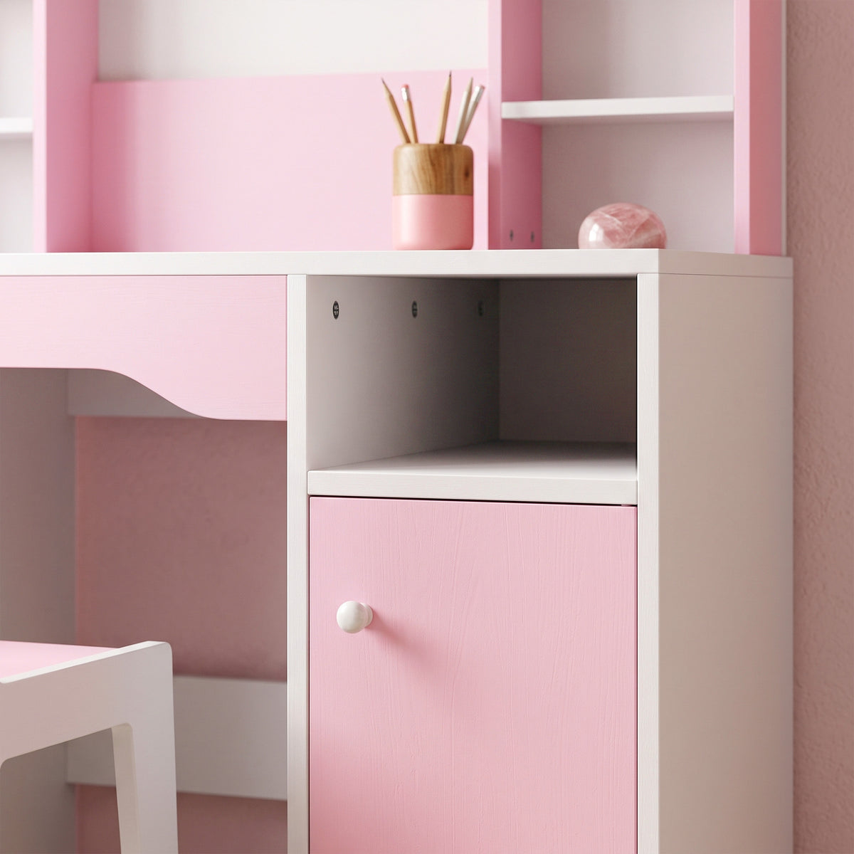 AIYAPLAY Kids Vanity Set, Girls Dressing Table with Stool, 2-Colour Lights Mirror, Cabinet, Drawer and Shelves, Pink