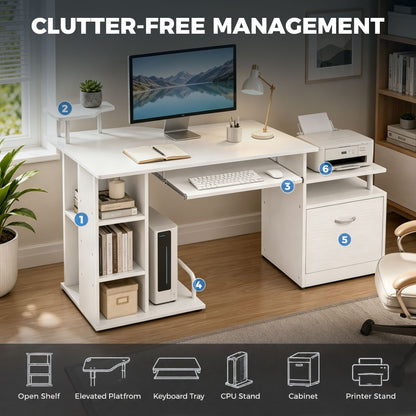 HOMCOM Computer Desk with Drawer Shelves CPU Storage Rack White
