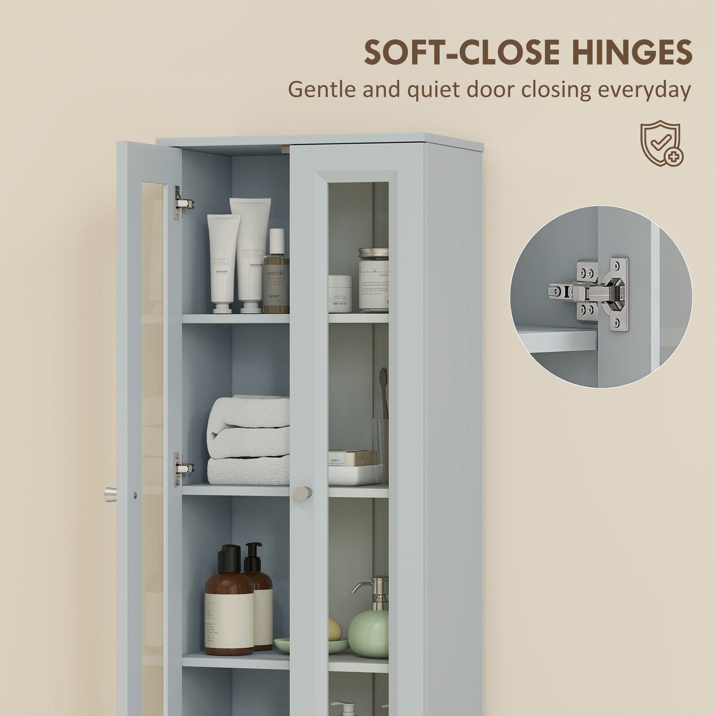 HOMCOM Tall Bathroom Storage Cabinet, 6-Tier Slim Bathroom Cabinet with Adjustable Shelf, 4 Soft-Close Doors, Dusty Blue
