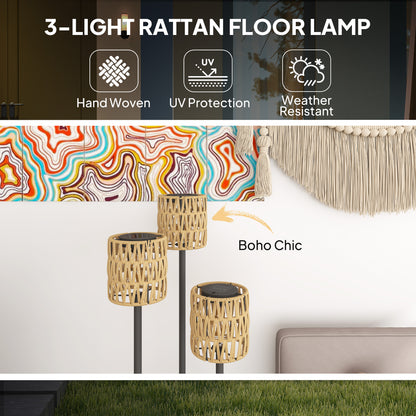 Outsunny Boho Rattan Floor Lamp, 3-Lights Rattan Lamp with Shelf, Freestanding Solar Garden Light with Auto On/Off Lights, IP44 Waterproof for Porch, Pathway, Terrace, Yellow