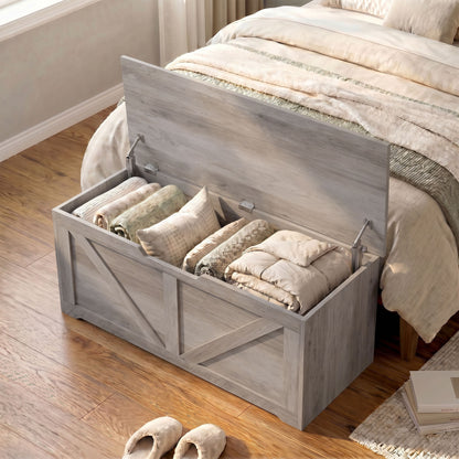 HOMCOM 127L Home Storage Box, with Safety Hinges - Grey Wood-Effect