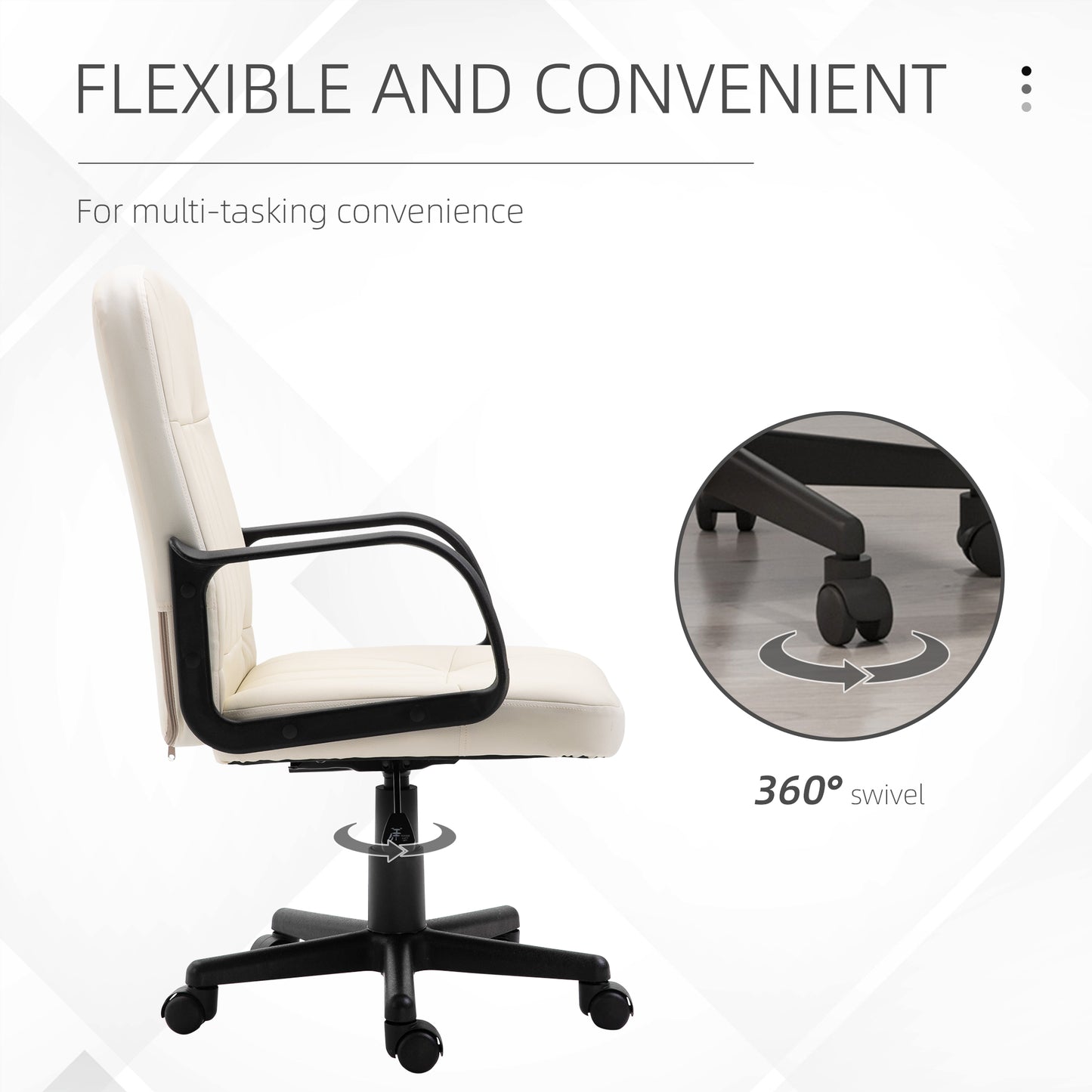 HOMCOM Desk Chair, PU Leather Computer Office Chair with Adjustable Height, Swivel Wheels for Home Work Study, Cream White