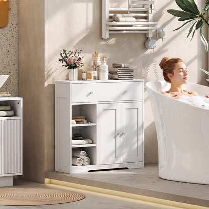 HOMCOM Bathroom Floor Cabinet, Freestanding Bathroom Cabinet with Drawer, Door, Open Shelves, White
