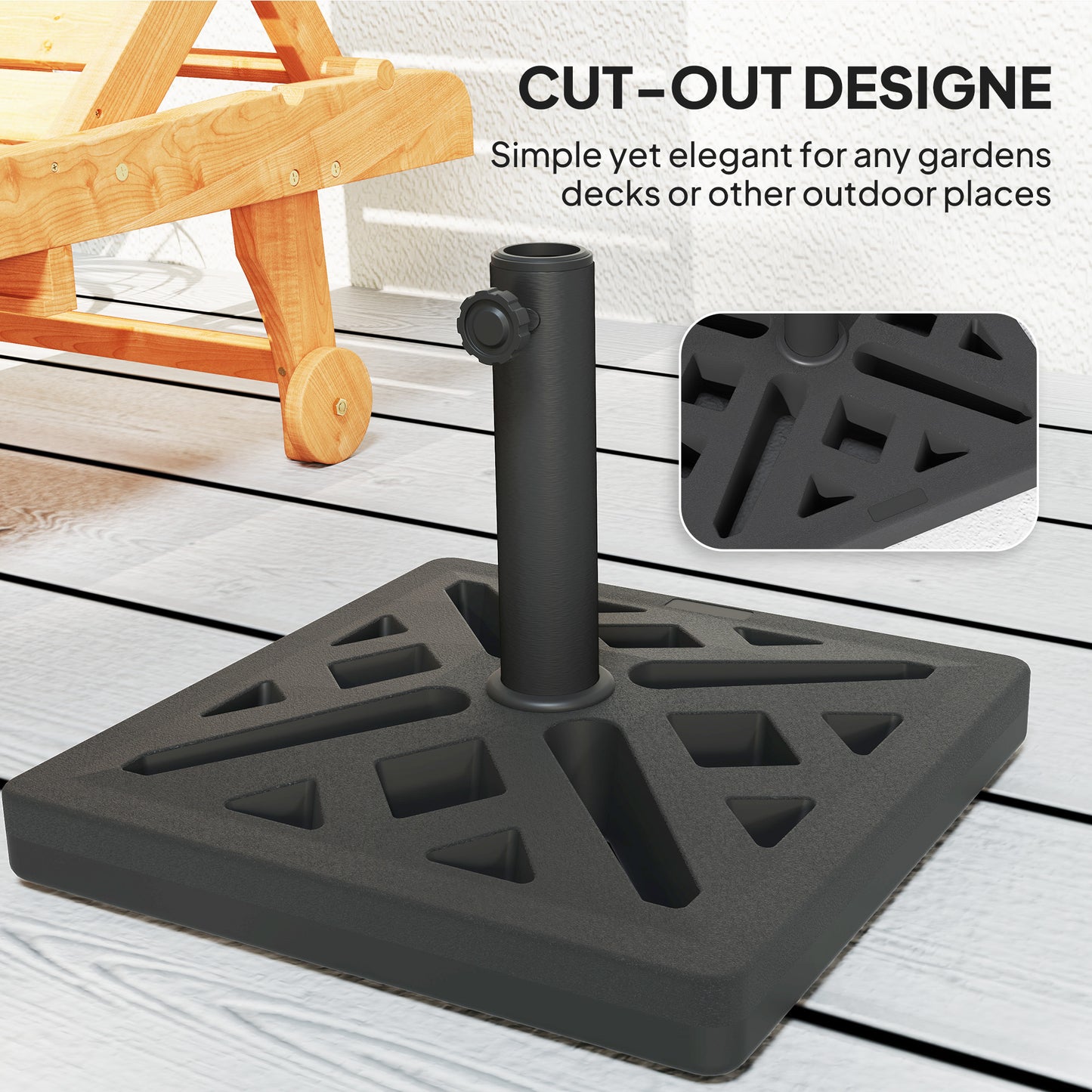 Outsunny Garden Parasol Base, 15kg HDPE Outdoor Umbrella Stand Parasol Stand with Cut-Out Design, Sun Umbrella Base for 32, 38, 48 mm Poles, Black