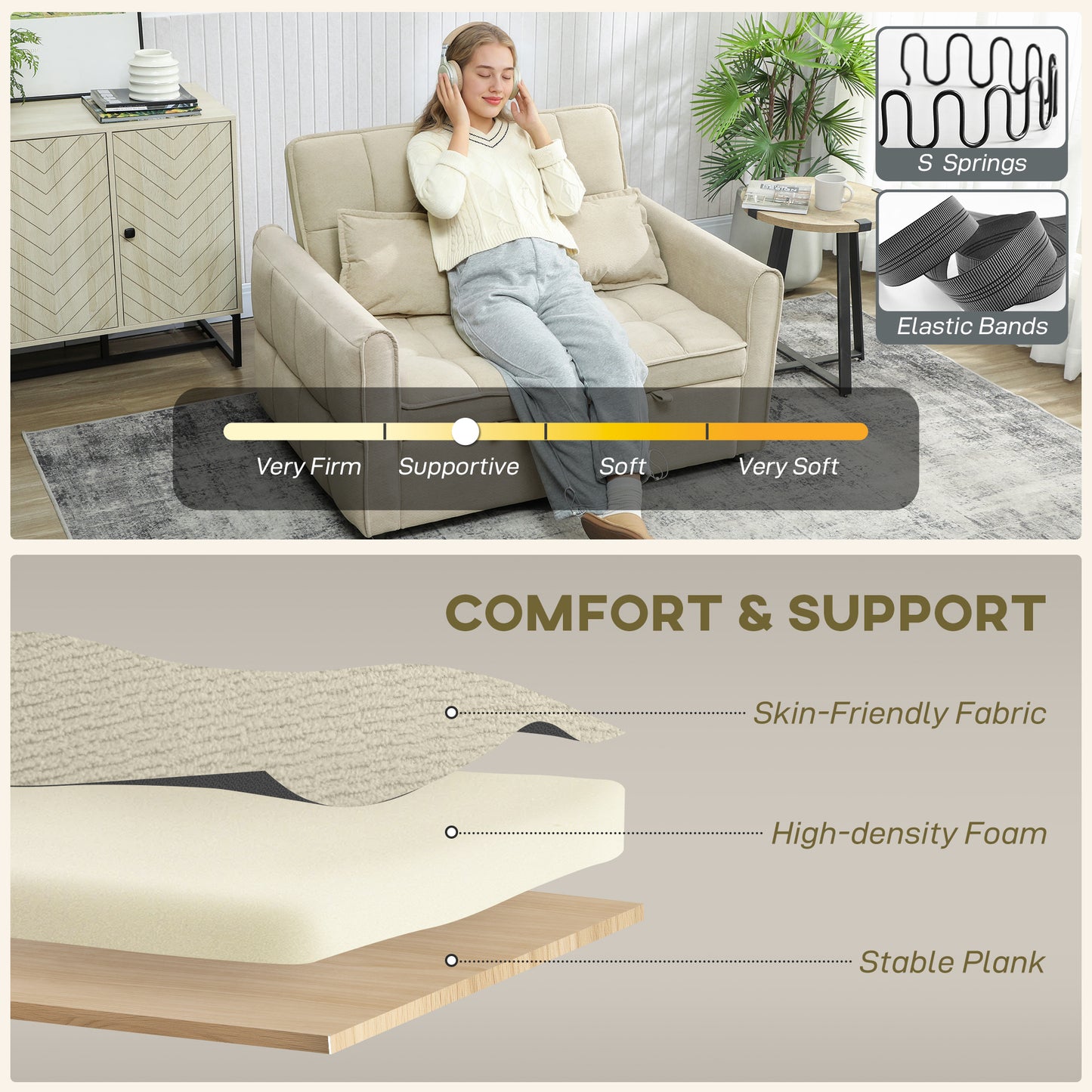 HOMCOM 2 Seater Sofa Bed, 3-in-1 Convertible Sleeper Sofa with Click-clack Adjustable Backrest and 2 Pillows, Light Brown