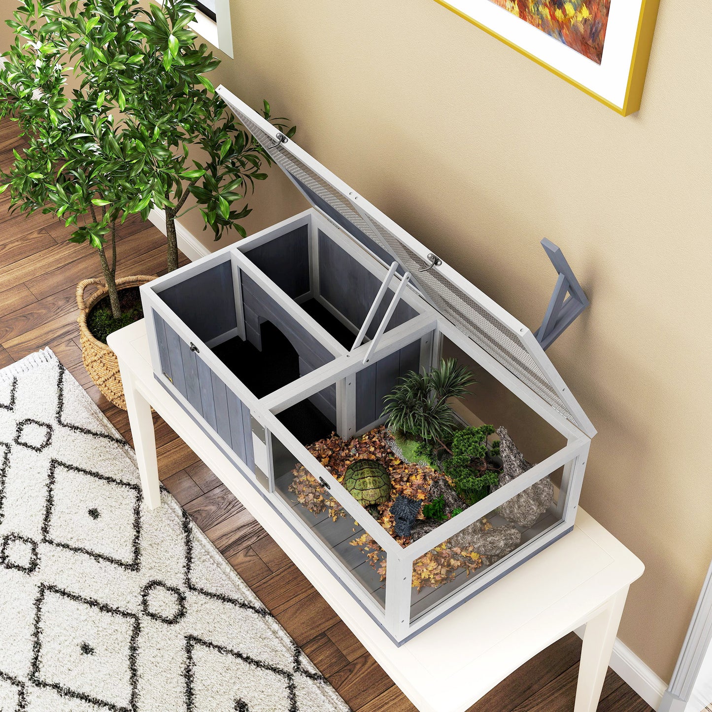 PawHut Wooden Tortoise House with Lamp Holder, Clear Windows, Openable Tops, Built-In Tray, Light Grey