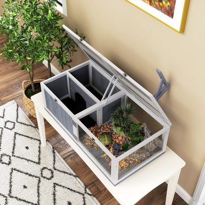 PawHut Wooden Tortoise House with Lamp Holder, Clear Windows, Openable Tops, Built-In Tray, Light Grey