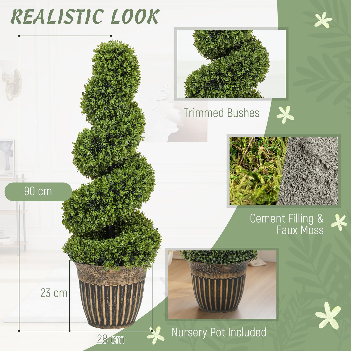 HOMCOM Set of 2 Artificial Plants, Topiary Spiral Boxwood Trees with Pot, for Home Indoor Outdoor Decor, 90cm