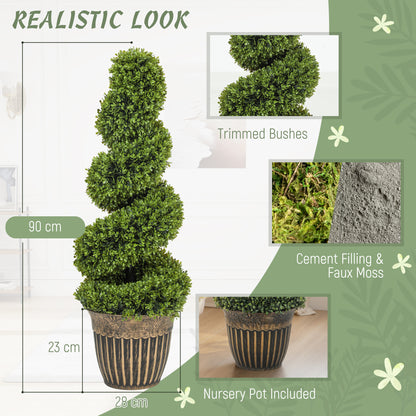 HOMCOM Set of 2 Artificial Plants, Topiary Spiral Boxwood Trees with Pot, for Home Indoor Outdoor Decor, 90cm