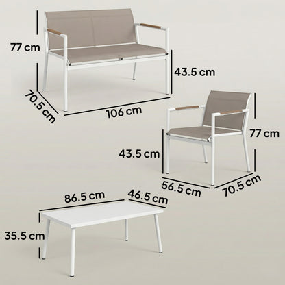 Outsunny 4 Seater Garden Furniture Set with Loveseat, Armchairs, Table, Metal Garden Sofa Set with Breathable Seats, Khaki