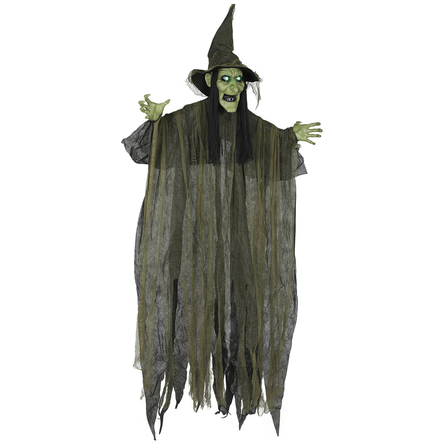 Outsunny 170 cm Life Size Hanging Halloween Animated Witch with Glowing LED Eyes, Spooky Witch Scary Halloween Decorations, Battery Operated, Indoor Party Props
